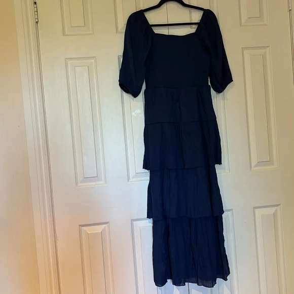 Vintage style Navy Boho  Flowy Layered Fit & Flared Maxi dress Sz Large - Picture 3 of 14
